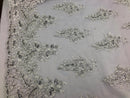 White/Silver Lace Fabric - Flower/Floral Clusters Embroidered With sequins on a Mesh Lace Fabric Sold By The Yard(Pick a Size)