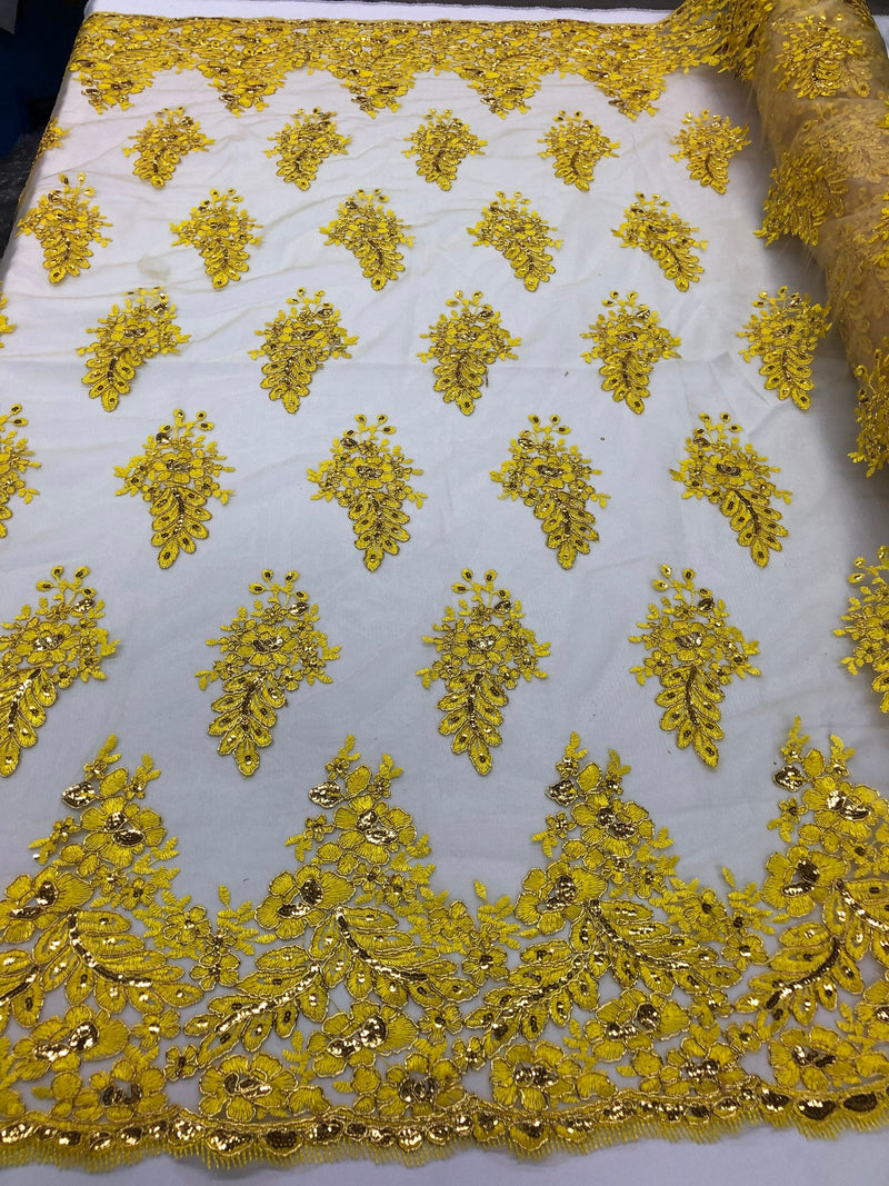 Yellow/Gold Lace Fabric - Flower/Floral Clusters Embroidered With sequins on a Mesh Lace Fabric Sold By The Yard(Pick a Size)