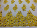 Yellow/Gold Lace Fabric - Flower/Floral Clusters Embroidered With sequins on a Mesh Lace Fabric Sold By The Yard(Pick a Size)