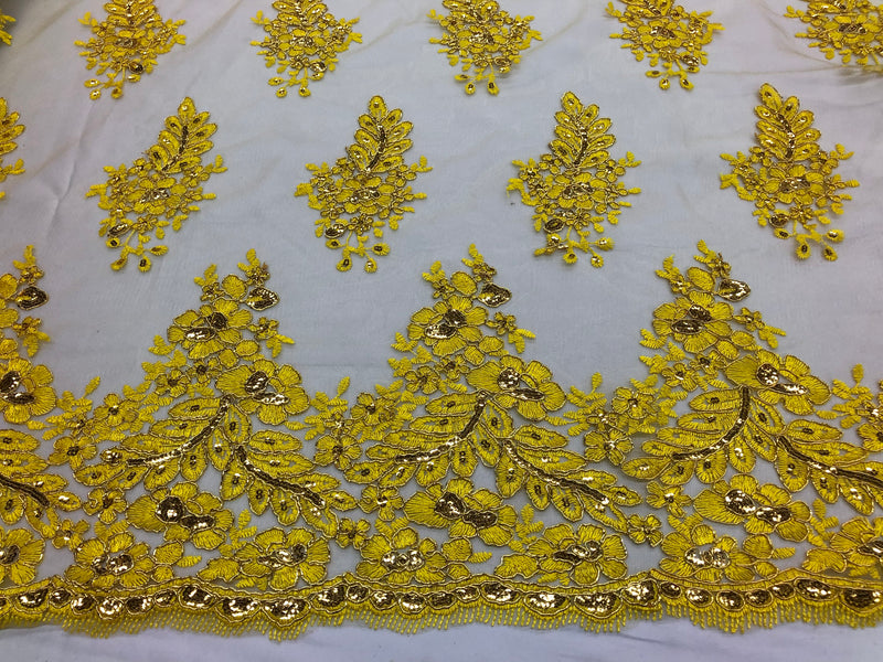 Yellow/Gold Lace Fabric - Flower/Floral Clusters Embroidered With sequins on a Mesh Lace Fabric Sold By The Yard(Pick a Size)