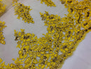 Yellow/Gold Lace Fabric - Flower/Floral Clusters Embroidered With sequins on a Mesh Lace Fabric Sold By The Yard(Pick a Size)