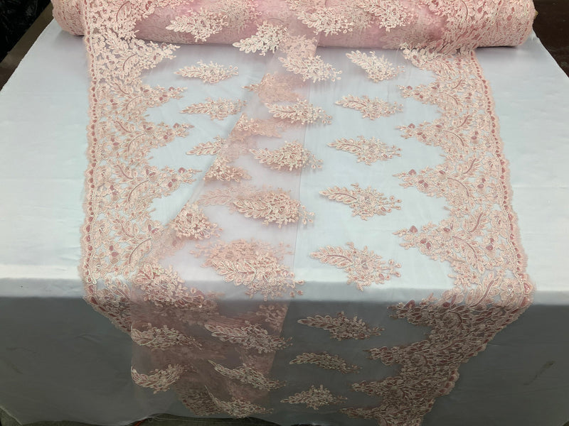 Pink Iridescent Lace Fabric - Flower/Floral Clusters Embroidered With sequins on a Mesh Lace Fabric Sold By The Yard(Pick a Size)