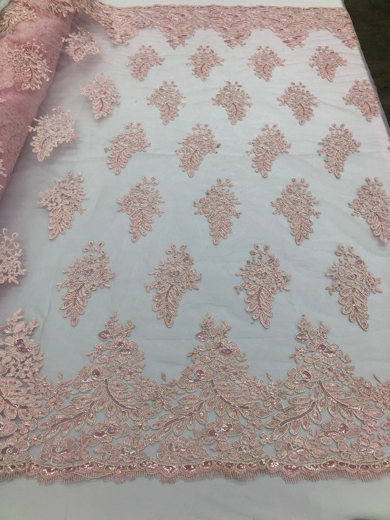 Pink Iridescent Lace Fabric - Flower/Floral Clusters Embroidered With sequins on a Mesh Lace Fabric Sold By The Yard(Pick a Size)