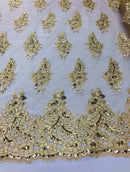 Gold Lace Fabric - Flower/Floral Clusters Embroidered With sequins on a Mesh Lace Fabric Sold By The Yard(Pick a Size)