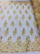 Gold Lace Fabric - Flower/Floral Clusters Embroidered With sequins on a Mesh Lace Fabric Sold By The Yard(Pick a Size)