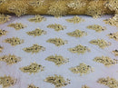 Gold Lace Fabric - Flower/Floral Clusters Embroidered With sequins on a Mesh Lace Fabric Sold By The Yard(Pick a Size)