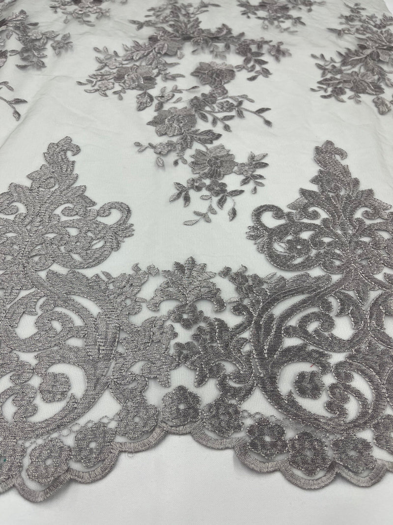 SILVER Damask Design Embroidered on Mesh Lace Fabric, Floral Bridal Lace Wedding Dress by the Yard (Pick a Size)