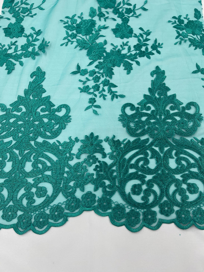 TEAL Damask Design Embroidered on Mesh Lace Fabric, Floral Bridal Lace Wedding Dress by the Yard (Pick a Size)