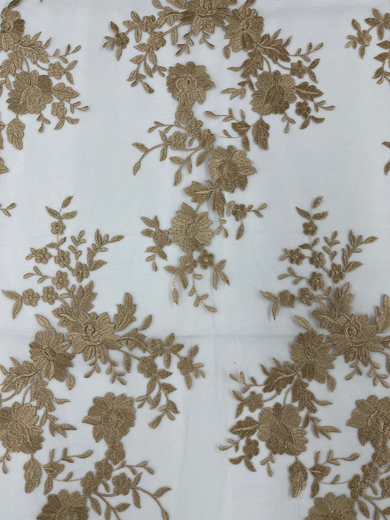 KHAKI Damask Design Embroidered on Mesh Lace Fabric, Floral Bridal Lace Wedding Dress by the Yard (Pick a Size)