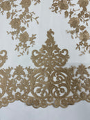 KHAKI Damask Design Embroidered on Mesh Lace Fabric, Floral Bridal Lace Wedding Dress by the Yard (Pick a Size)