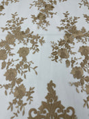 KHAKI Damask Design Embroidered on Mesh Lace Fabric, Floral Bridal Lace Wedding Dress by the Yard (Pick a Size)