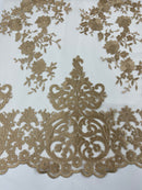 KHAKI Damask Design Embroidered on Mesh Lace Fabric, Floral Bridal Lace Wedding Dress by the Yard (Pick a Size)