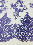 LAVENDER Damask Design Embroidered on Mesh Lace Fabric, Floral Bridal Lace Wedding Dress by the Yard (Pick a Size)