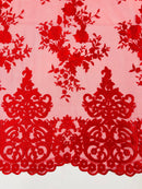 RED Damask Design Embroidered on Mesh Lace Fabric, Floral Bridal Lace Wedding Dress by the Yard (Pick a Size)
