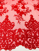 RED Damask Design Embroidered on Mesh Lace Fabric, Floral Bridal Lace Wedding Dress by the Yard (Pick a Size)