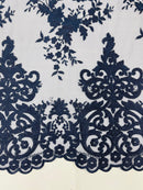 NAVY Damask Design Embroidered on Mesh Lace Fabric, Floral Bridal Lace Wedding Dress by the Yard (Pick a Size)