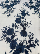 NAVY Damask Design Embroidered on Mesh Lace Fabric, Floral Bridal Lace Wedding Dress by the Yard (Pick a Size)