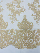 CHAMPAGNE Damask Design Embroidered on Mesh Lace Fabric, Floral Bridal Lace Wedding Dress by the Yard (Pick a Size)