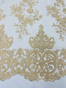 Bridal Lace - By The Yard - Floral Damask Design Embroidered on Mesh Lace Fabric