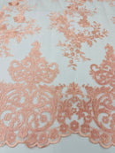 PINK Damask Design Embroidered on Mesh Lace Fabric, Floral Bridal Lace Wedding Dress by the Yard (Pick a Size)