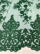 HUNTER GREEN Damask Design Embroidered on Mesh Lace Fabric, Floral Bridal Lace Wedding Dress by the Yard (Pick a Size)