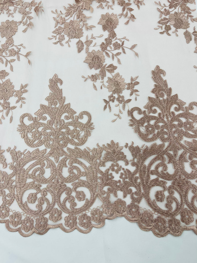 BLUSH Damask Design Embroidered on Mesh Lace Fabric, Floral Bridal Lace Wedding Dress by the Yard (Pick a Size)