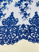 ROYAL BLUE Damask Design Embroidered on Mesh Lace Fabric, Floral Bridal Lace Wedding Dress by the Yard (Pick a Size)