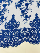 ROYAL BLUE Damask Design Embroidered on Mesh Lace Fabric, Floral Bridal Lace Wedding Dress by the Yard (Pick a Size)