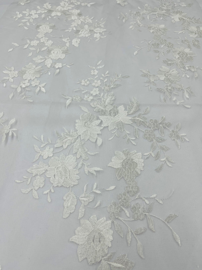 IVORY Damask Design Embroidered on Mesh Lace Fabric, Floral Bridal Lace Wedding Dress by the Yard (Pick a Size)