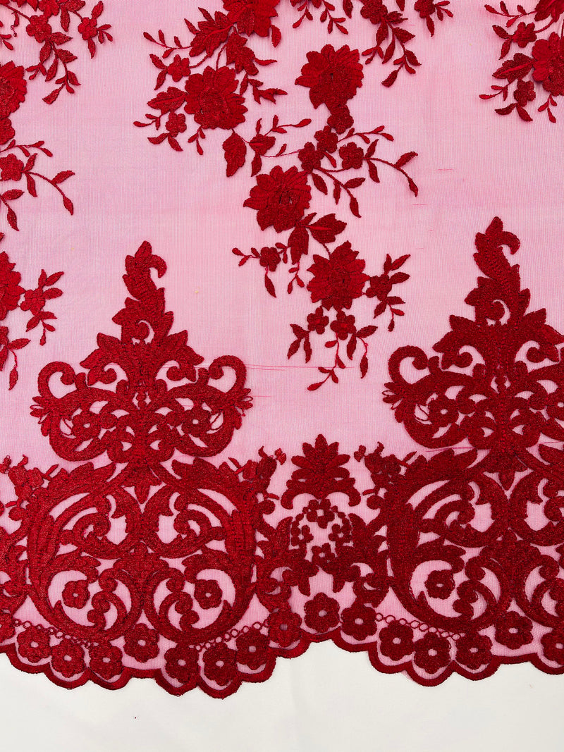 BURGUNDY Damask Design Embroidered on Mesh Lace Fabric, Floral Bridal Lace Wedding Dress by the Yard (Pick a Size)