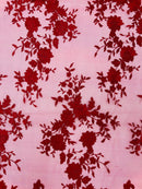 BURGUNDY Damask Design Embroidered on Mesh Lace Fabric, Floral Bridal Lace Wedding Dress by the Yard (Pick a Size)