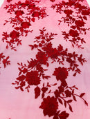 BURGUNDY Damask Design Embroidered on Mesh Lace Fabric, Floral Bridal Lace Wedding Dress by the Yard (Pick a Size)