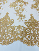 GOLD Damask Design Embroidered on Mesh Lace Fabric, Floral Bridal Lace Wedding Dress by the Yard (Pick a Size)