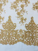 GOLD Damask Design Embroidered on Mesh Lace Fabric, Floral Bridal Lace Wedding Dress by the Yard (Pick a Size)
