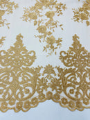 GOLD Damask Design Embroidered on Mesh Lace Fabric, Floral Bridal Lace Wedding Dress by the Yard (Pick a Size)
