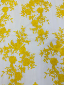 YELLOW Damask Design Embroidered on Mesh Lace Fabric, Floral Bridal Lace Wedding Dress by the Yard (Pick a Size)