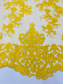 YELLOW Damask Design Embroidered on Mesh Lace Fabric, Floral Bridal Lace Wedding Dress by the Yard (Pick a Size)