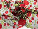 Red Floral and Leaves Embroidery on BLACK Mesh Lace Fabric , Floral Bridal Lace Wedding Dress by the Yard (Pick a Size)