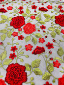 Red Floral and Leaves Embroidery on BLACK Mesh Lace Fabric , Floral Bridal Lace Wedding Dress by the Yard (Pick a Size)