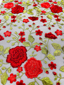 Red Floral and Leaves Embroidery on BLACK Mesh Lace Fabric , Floral Bridal Lace Wedding Dress by the Yard (Pick a Size)