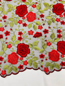 Red Floral and Leaves Embroidery on BLACK Mesh Lace Fabric , Floral Bridal Lace Wedding Dress by the Yard (Pick a Size)