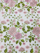 Pink Floral and Leaves Embroidery on a Mesh Lace Fabric , Floral Bridal Lace Wedding Dress by the Yard (Pick a Size)