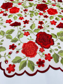 Red Floral and Leaves Embroidery on Nude Mesh Lace Fabric , Floral Bridal Lace Wedding Dress by the Yard (Pick a Size)