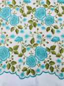 Turquoise Floral and Leaves Embroidery on a Mesh Lace Fabric , Floral Bridal Lace Wedding Dress by the Yard (Pick a Size)