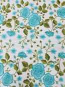 Turquoise Floral and Leaves Embroidery on a Mesh Lace Fabric , Floral Bridal Lace Wedding Dress by the Yard (Pick a Size)