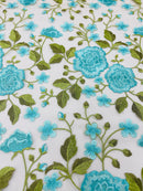 Turquoise Floral and Leaves Embroidery on a Mesh Lace Fabric , Floral Bridal Lace Wedding Dress by the Yard (Pick a Size)