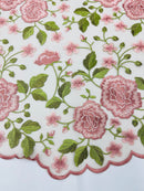 Dusty Rose Floral and Leaves Embroidery on a Mesh Lace Fabric , Floral Bridal Lace Wedding Dress by the Yard (Pick a Size)
