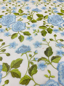 Light Blue Floral and Leaves Embroidery on a Mesh Lace Fabric , Floral Bridal Lace Wedding Dress by the Yard (Pick a Size)