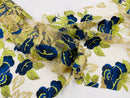 Royal Blue/Gold Floral and Leaves Embroidery on a Mesh Lace Fabric , Floral Bridal Lace Wedding Dress by the Yard (Pick a Size)