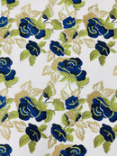 Royal Blue/Gold Floral and Leaves Embroidery on a Mesh Lace Fabric , Floral Bridal Lace Wedding Dress by the Yard (Pick a Size)